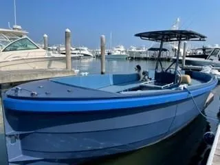 Slide: The Image of 2018 Lekker Damsko 750 Open boat docked in a marina, featuring a sleek blue design. - 6