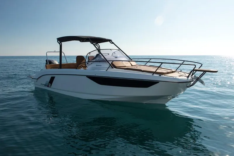 Slide: The Image of 2024 Beneteau Flyer 8 SUNdeck boat on calm ocean water. - 10