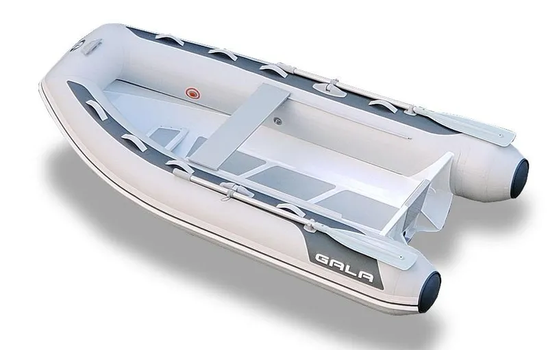 The Image of 2023 Gala A330 Lite inflatable boat, white and gray design, top view. - 0