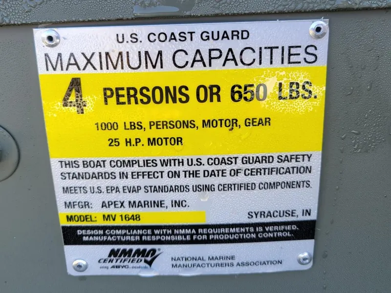 Slide: The Image of 2024 Polar Kraft MV1648 jon boat capacity label, 4 persons or 650 lbs, 25 HP motor. - 5