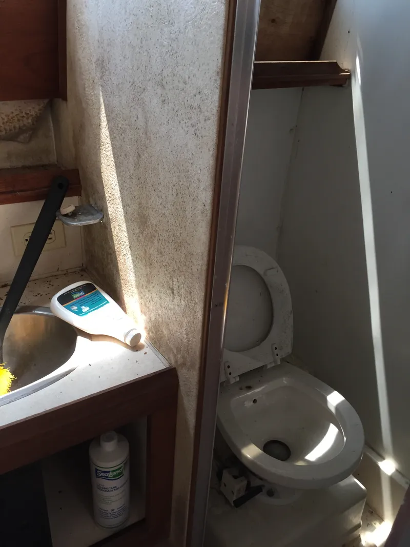 Slide: The Image of 1980 Trojan F-30 Flybridge Sedan bathroom with sink and toilet. - 10