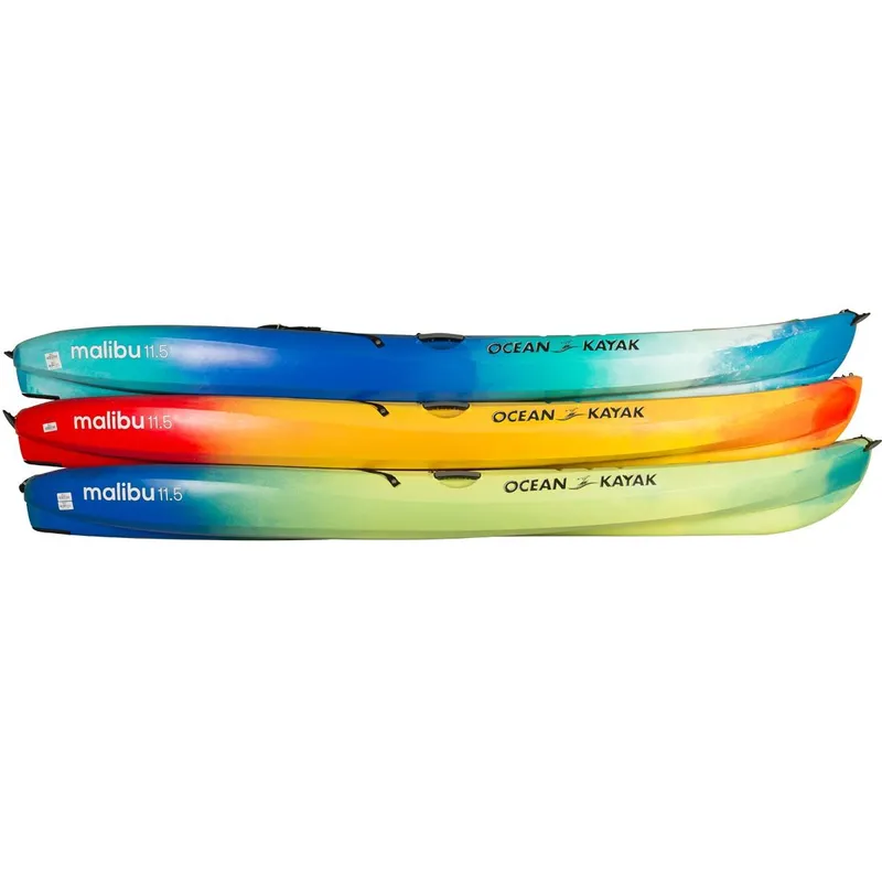 Slide: The Image of Three colorful Ocean Kayak Malibu 11.5 kayaks, 2023 model, stacked horizontally. - 26