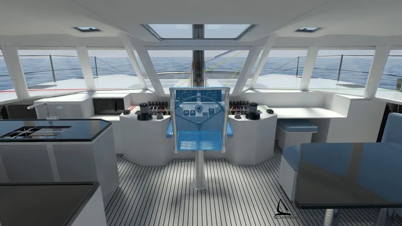 Slide: The Image of Interior view of 2025 Razor Cat 52 Sailing Catamaran, featuring modern helm and spacious layout. - 11