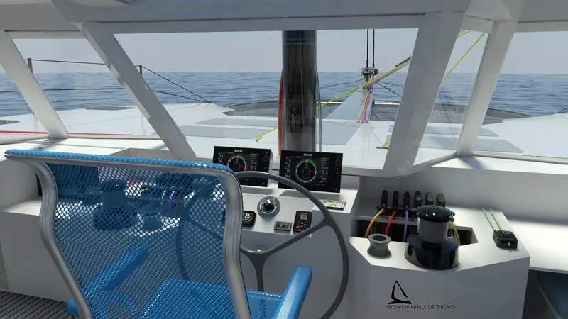 Slide: The Image of Helm of 2025 Razor Cat 52 Sailing Catamaran with modern controls and ocean view. - 12