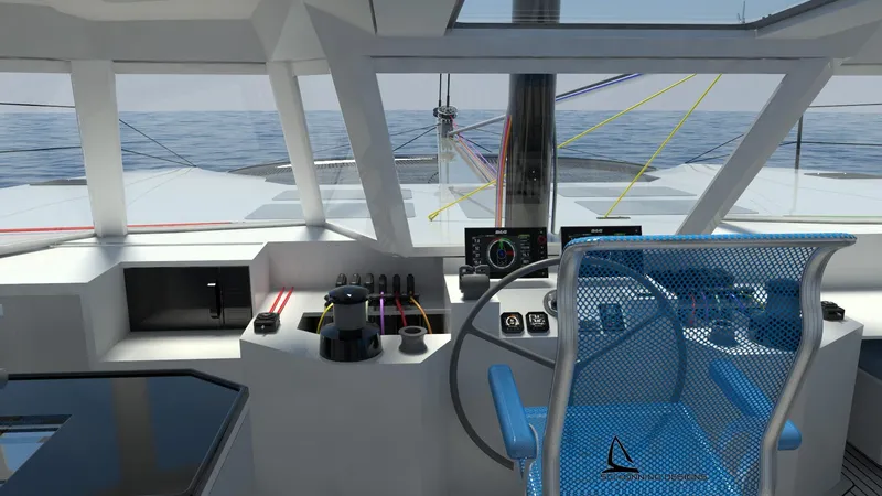 Slide: The Image of Modern helm of 2025 Razor Cat 52 Sailing Catamaran with advanced navigation controls. - 13