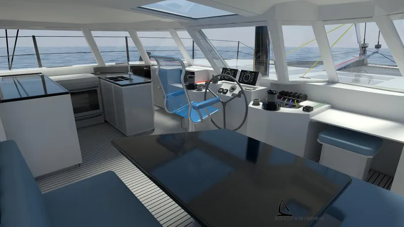 Slide: The Image of Interior of 2025 Razor Cat 52 Sailing Catamaran with modern helm and seating. - 14