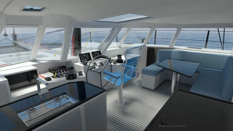 Slide: The Image of Modern interior of 2025 Razor Cat 52 Sailing Catamaran with sleek design and ocean view. - 15