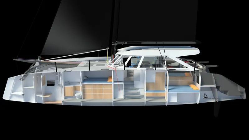 Slide: The Image of Cutaway view of 2025 Razor Cat 52 Sailing Catamaran, showcasing interior layout and design. - 16