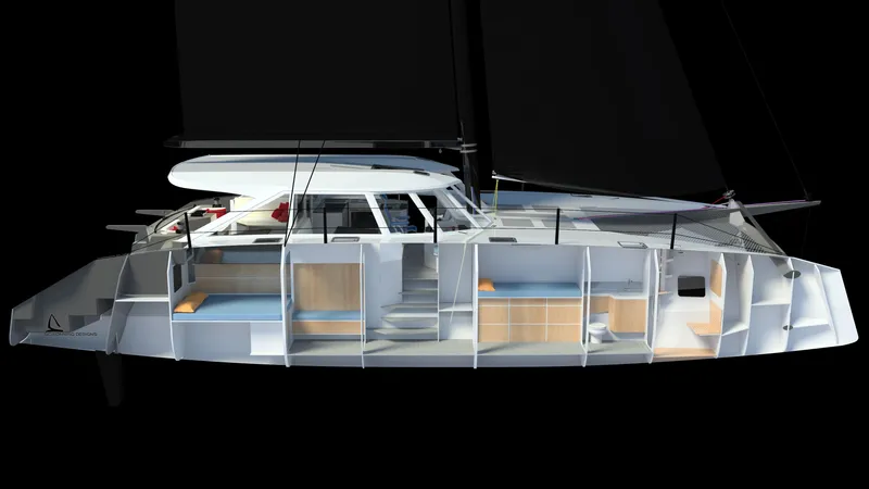 Slide: The Image of 2025 Razor Cat 52 Sailing Catamaran interior layout with modern design and spacious cabins. - 17