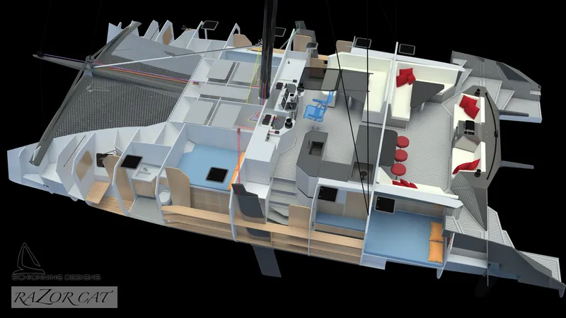 Slide: The Image of Cutaway view of 2025 Razor Cat 52 Sailing Catamaran interior layout, showcasing modern design and amenities. - 18