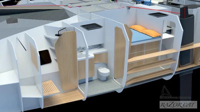 Slide: The Image of 2025 Razor Cat 52 Sailing Catamaran interior with modern cabin, bathroom, and storage space. - 21
