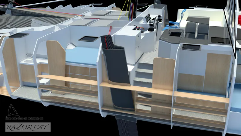 Slide: The Image of 2025 Razor Cat 52 Sailing Catamaran interior layout with modern design and spacious compartments. - 22