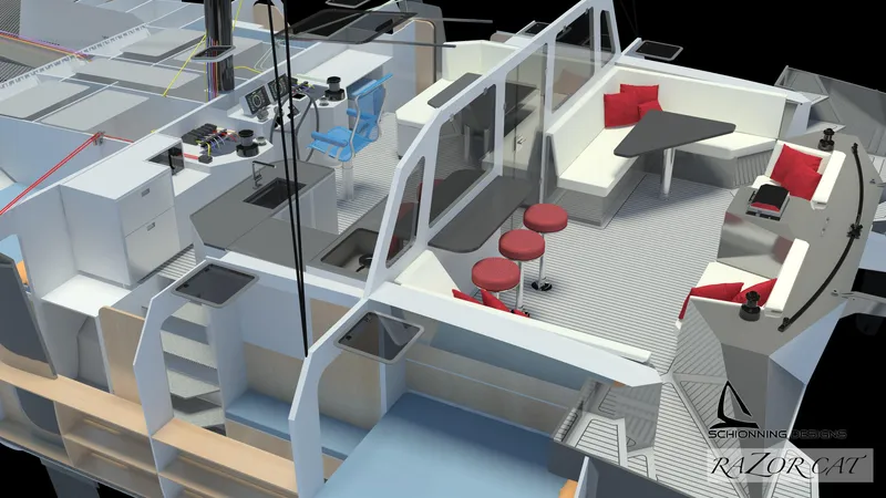 Slide: The Image of Interior view of 2025 Razor Cat 52 Sailing Catamaran, featuring modern seating and navigation area. - 23