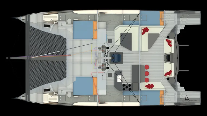 Slide: The Image of Top view of 2025 Razor Cat 52 Sailing Catamaran layout with cabins and deck features. - 26