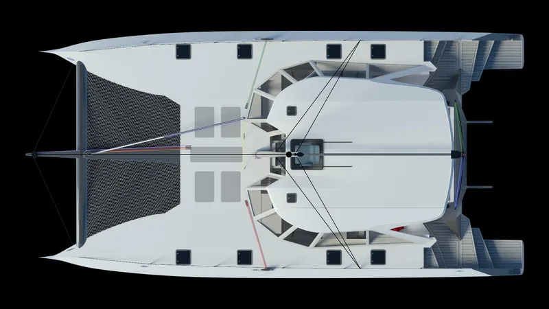 Slide: The Image of Top view of 2025 Razor Cat 52 Sailing Catamaran, showcasing sleek design and spacious deck. - 27