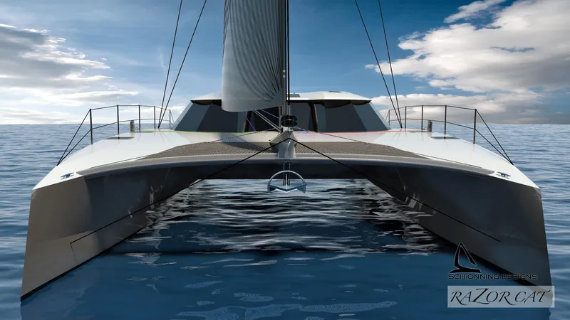 Slide: The Image of 2025 Razor Cat 52 Sailing Catamaran on open sea, sleek design, modern sailing vessel. - 3