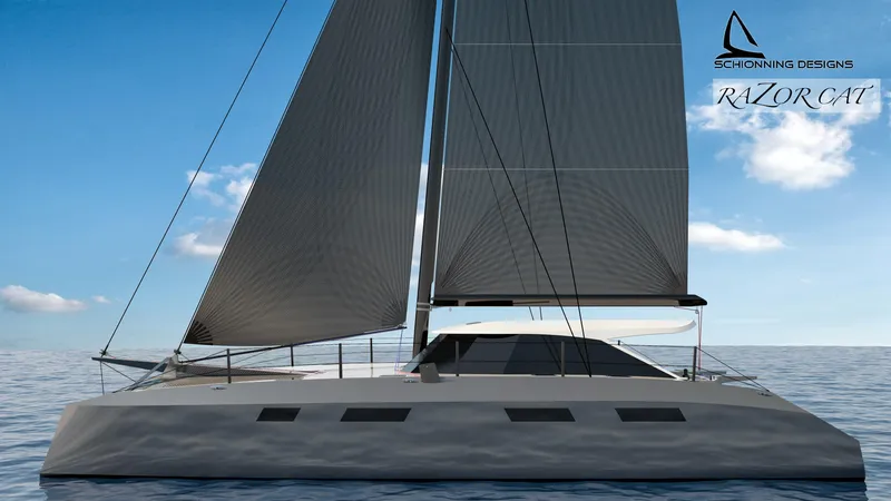 Slide: The Image of 2025 Razor Cat 52 Sailing Catamaran on open sea, sleek design, modern sails. - 4