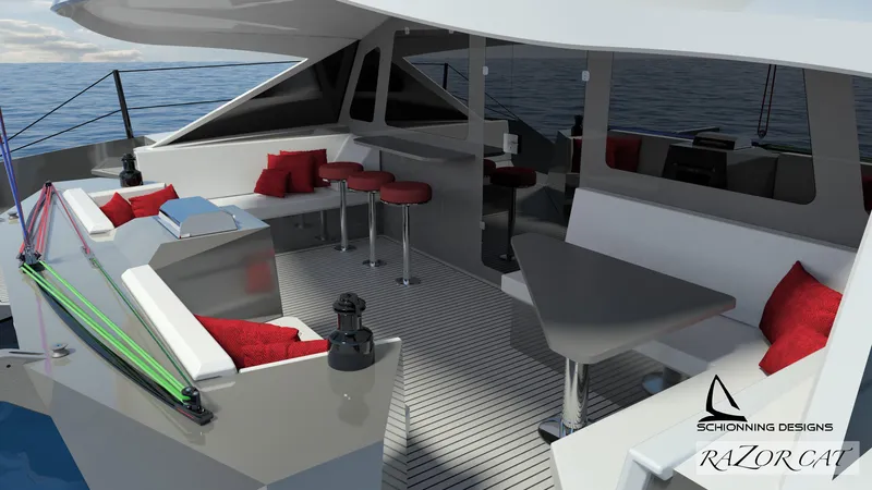 Slide: The Image of Luxurious Razor Cat 52 Sailing Catamaran interior with modern seating and ocean view, 2025 model. - 7