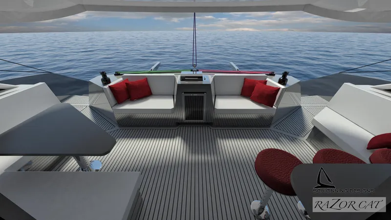 Slide: The Image of Luxurious Razor Cat 52 Sailing Catamaran 2025 with modern seating and ocean view. - 8