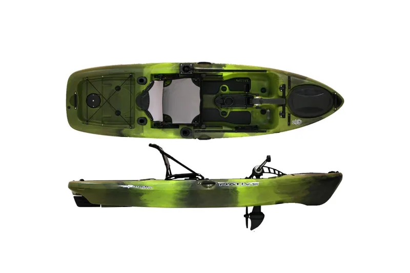 Slide: The Image of 2022 Native Watercraft Slayer Propel 10 kayak, green, top and side view. - 3
