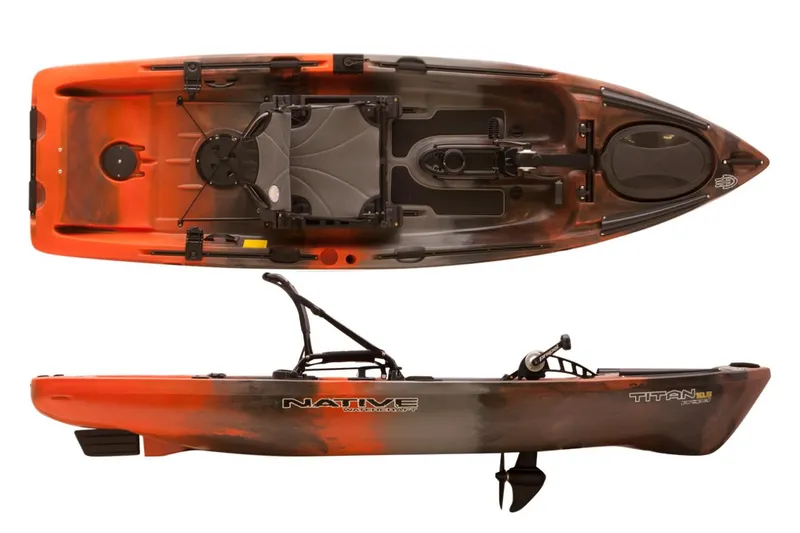 Slide: The Image of 2022 Native Watercraft Slayer Propel 10 kayak, top and side view, orange and black design. - 4
