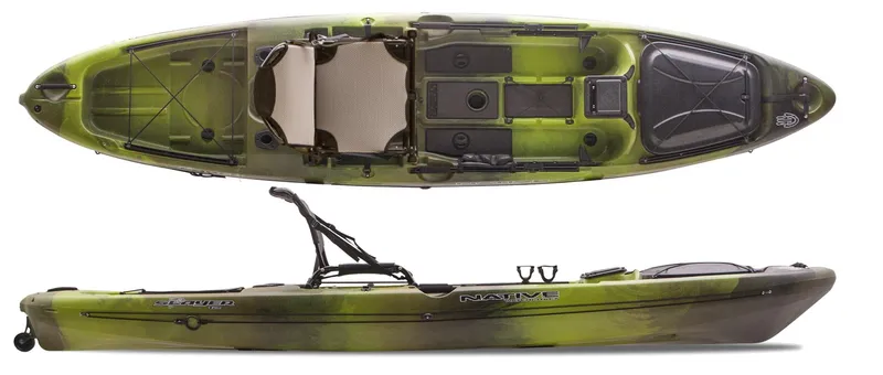 The Image of 2022 Native Watercraft Slayer 12 Pro kayak, top and side view, green and black design. - 1