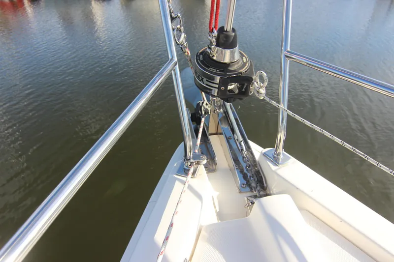 Slide: The Image of Close-up of the bow of a 2015 Marlow-Hunter 37 with stainless steel railing. - 21