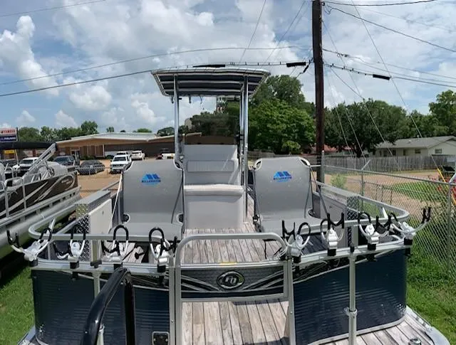 Slide: The Image of 2019 Angler Qwest 824 Crappie Edition pontoon boat with fishing rod holders. - 2