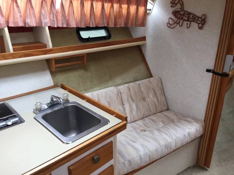 Slide: The Image of 1981 Bayliner 3250 Conquest Sunbridge interior with sink, seating, and decorative elements. - 10