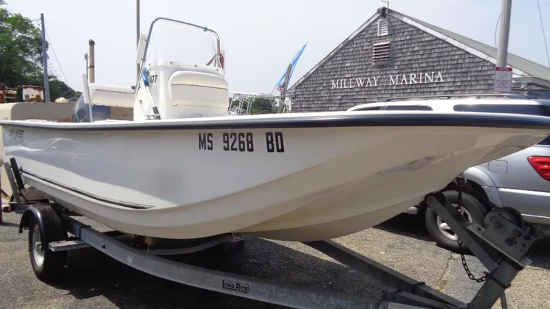 Slide: The Image of 2015 Key West 177 Skiff boat on trailer at Milway Marina. - 1