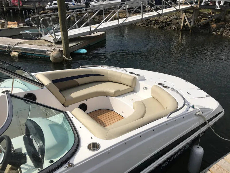 Slide: The Image of 2019 Hurricane SD 187 boat docked with spacious seating and sleek design. - 8