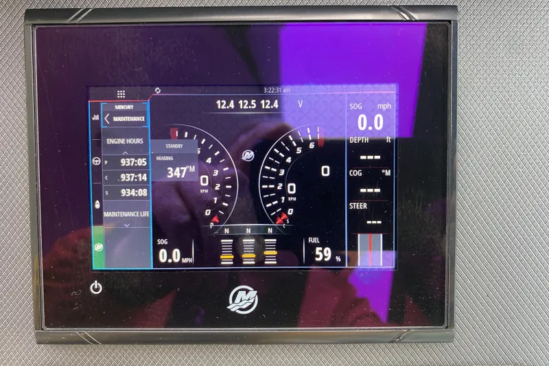 Slide: The Image of Dashboard display of a 2020 Monterey 385 Super Express boat showing engine and fuel data. - 7