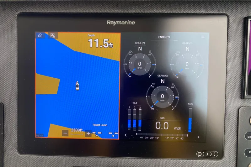 Slide: The Image of Raymarine display on 2020 Monterey 385 Super Express showing navigation and engine data. - 8