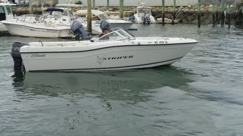 Slide: The Image of 1999 Seaswirl Striper 21 DC boat on water, side view with docked boats in background. - 1