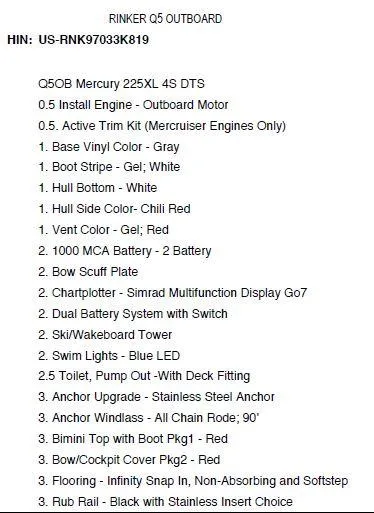 Slide: The Image of 2019 Rinker Q5 OB boat specifications and features list, including engine, colors, and accessories. - 20