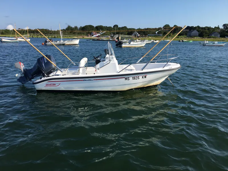 Slide: The Image of 1999 Boston Whaler 140 Dauntless boat on calm water, with clear sky background. - 4