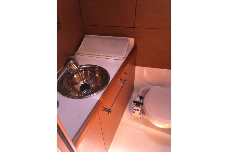 Slide: The Image of 2018 Jeanneau Sun Odyssey 419 bathroom with sink and toilet. - 13
