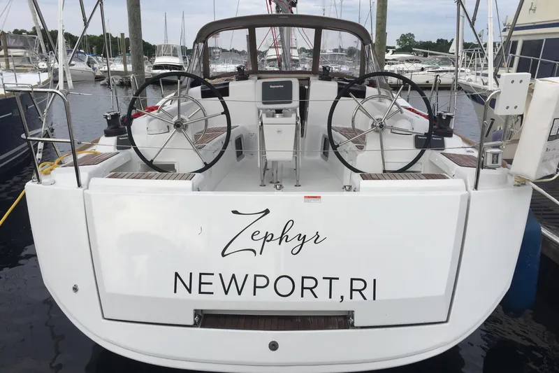 Slide: The Image of 2018 Jeanneau Sun Odyssey 419 sailboat docked, named "Zephyr," located in Newport, RI. - 3