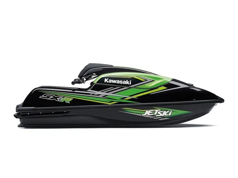 Slide: The Image of 2023 Kawasaki SX-R Jet Ski, black and green, side view. - 5
