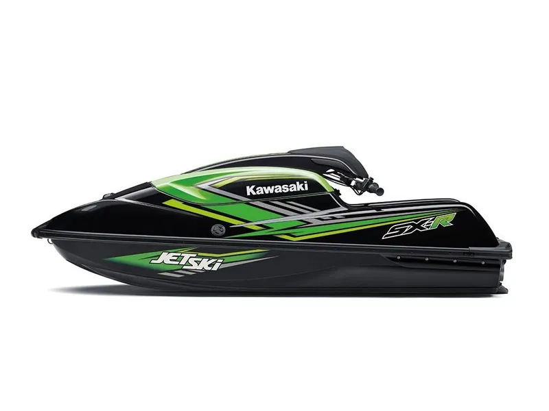 Slide: The Image of 2023 Kawasaki SX-R Jet Ski, black and green, side view. - 6