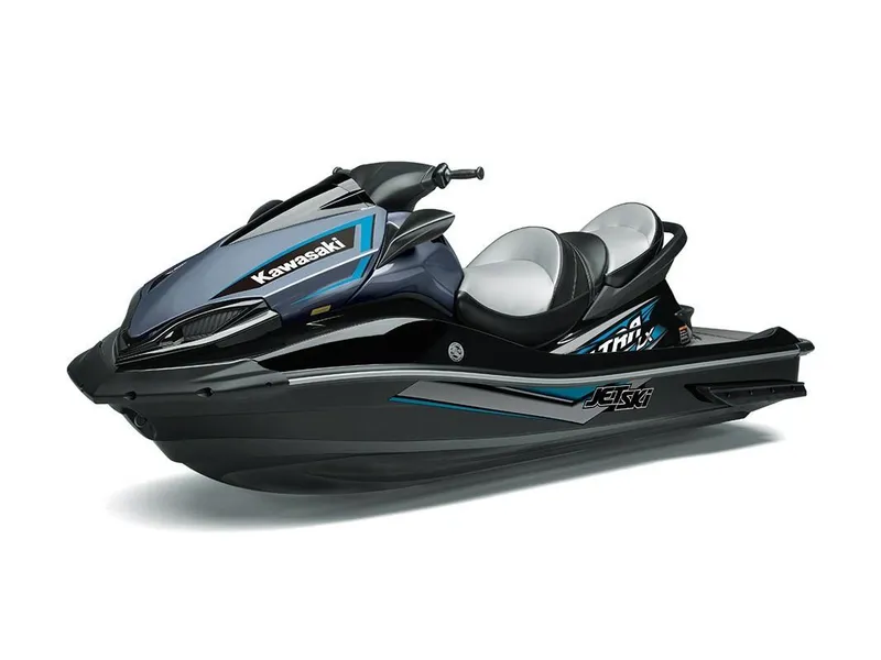 Slide: The Image of 2023 Kawasaki Ultra LX jet ski, black and blue, side view. - 6