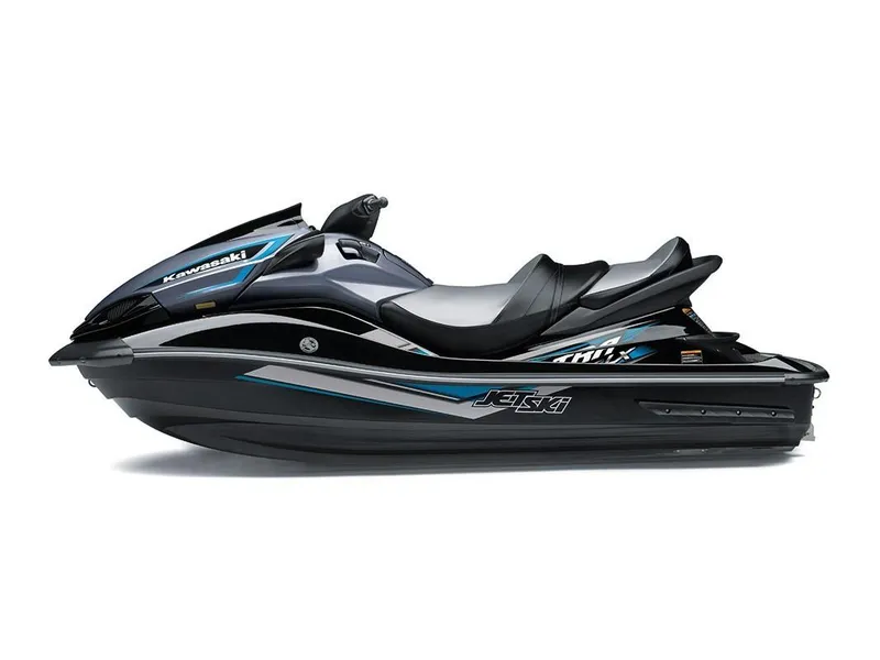 Slide: The Image of 2023 Kawasaki Ultra LX jet ski, side view, black and blue design. - 7