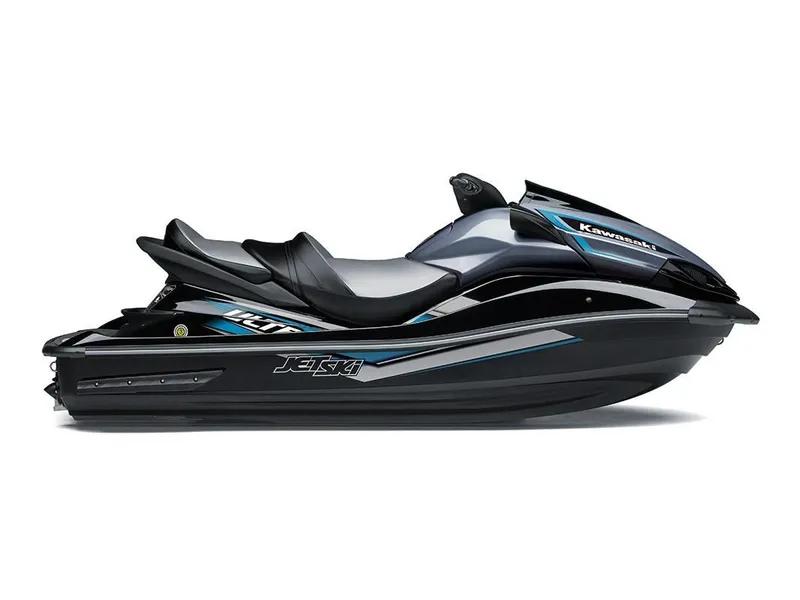 Slide: The Image of 2023 Kawasaki Ultra LX Jet Ski, side view, black and blue design. - 8