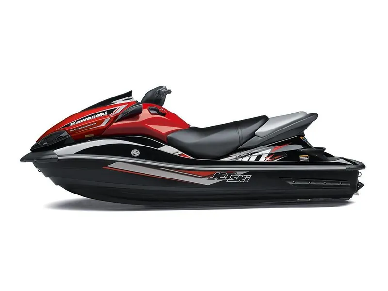 Slide: The Image of 2023 Kawasaki Ultra 310 jet ski, red and black, side view. - 7