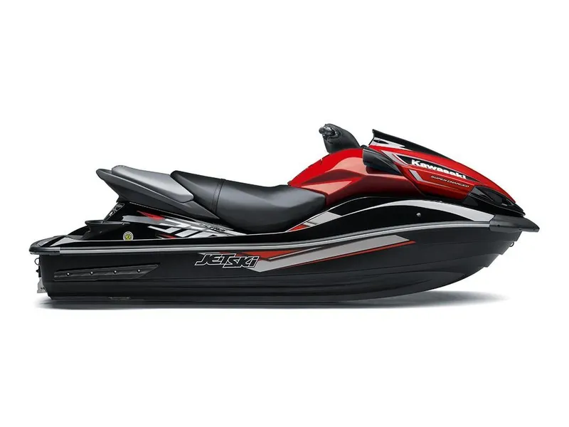 Slide: The Image of 2023 Kawasaki Ultra 310 jet ski, red and black, side view. - 8