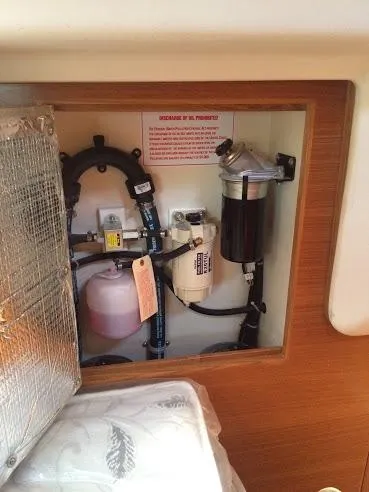 Slide: The Image of Catalina 426 yacht engine compartment with fuel filter system, 2026 model. - 45