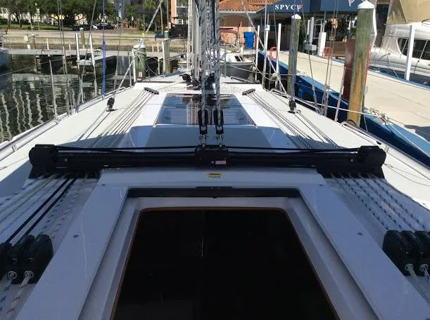 Slide: The Image of Modern Catalina 426 sailboat deck, 2026 model, docked at marina with visible rigging and hatches. - 9