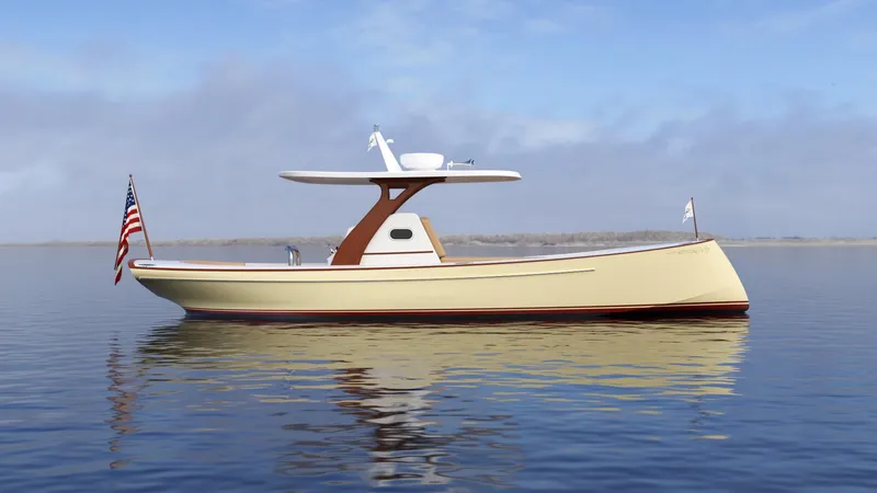 Slide: The Image of 2019 Custom Carolina M30 Moores Yachts on calm water with American flag. - 5