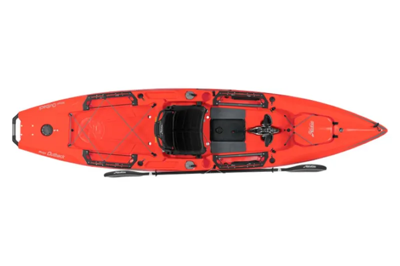 Slide: The Image of 2023 Hobie Outback kayak, top view, bright red, with paddle and storage compartments. - 12