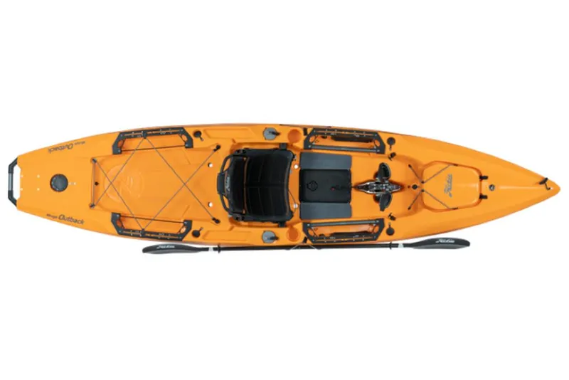 Slide: The Image of 2023 Hobie Outback kayak, top view, orange color, with seat and paddle. - 13